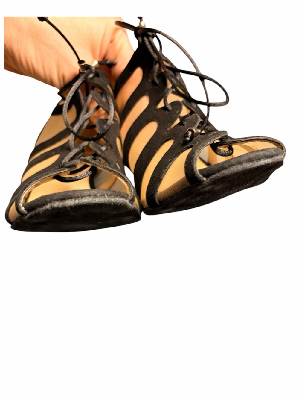 MERLET Sya Black Lace-Up Cutout Peep-Toe Ballroom Heels - Picture 8 of 11